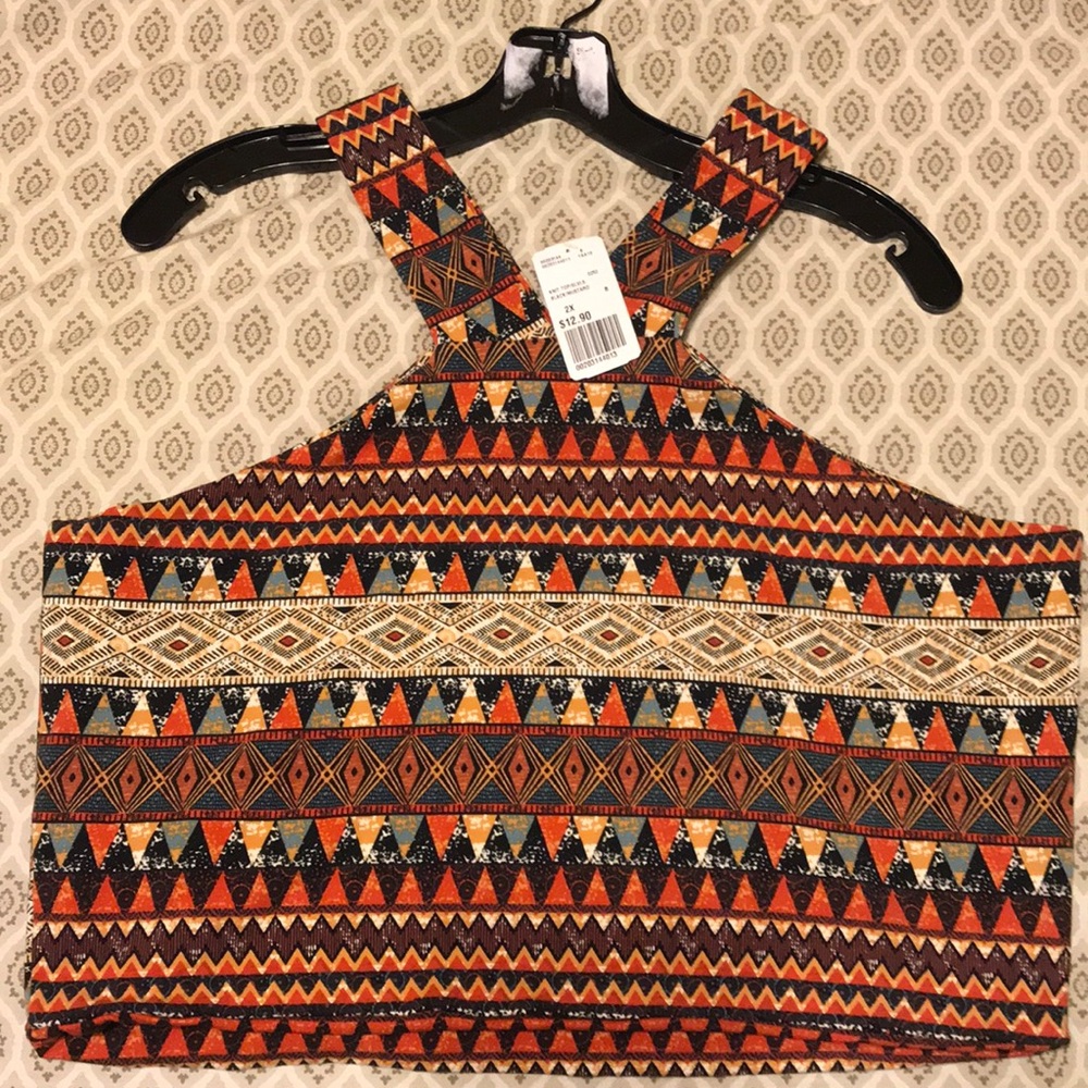 Knit crop top. Black & Mustard tribal prints